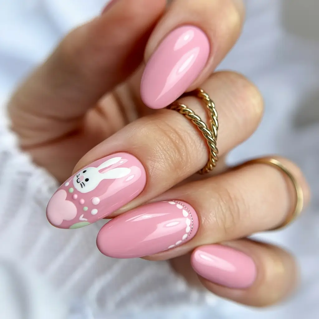 easter nails ideas 2026 Soft Pink Bunny Easter Almond Nails