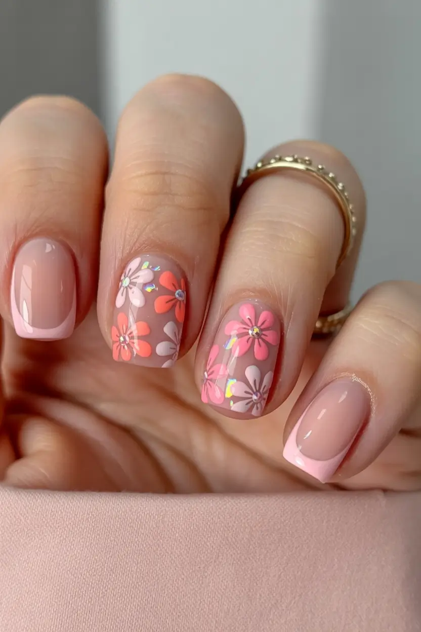 easter nails ideas 2026 Romantic Pink Floral Spring Square Nails
