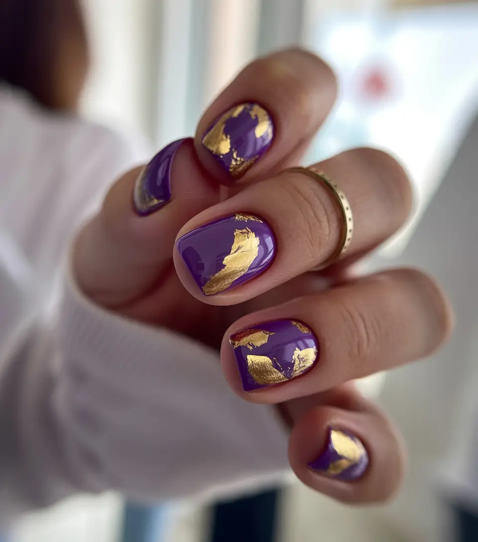 easter nails ideas 2026 Bold Purple Gold Foil Easter Nails