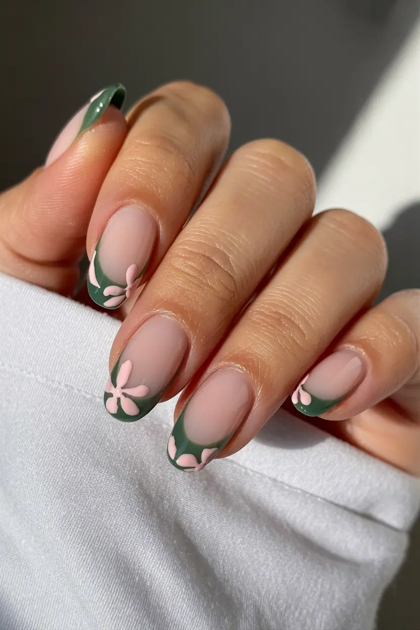 easter nails ideas 2026 Fresh Green Spring Floral French Nails