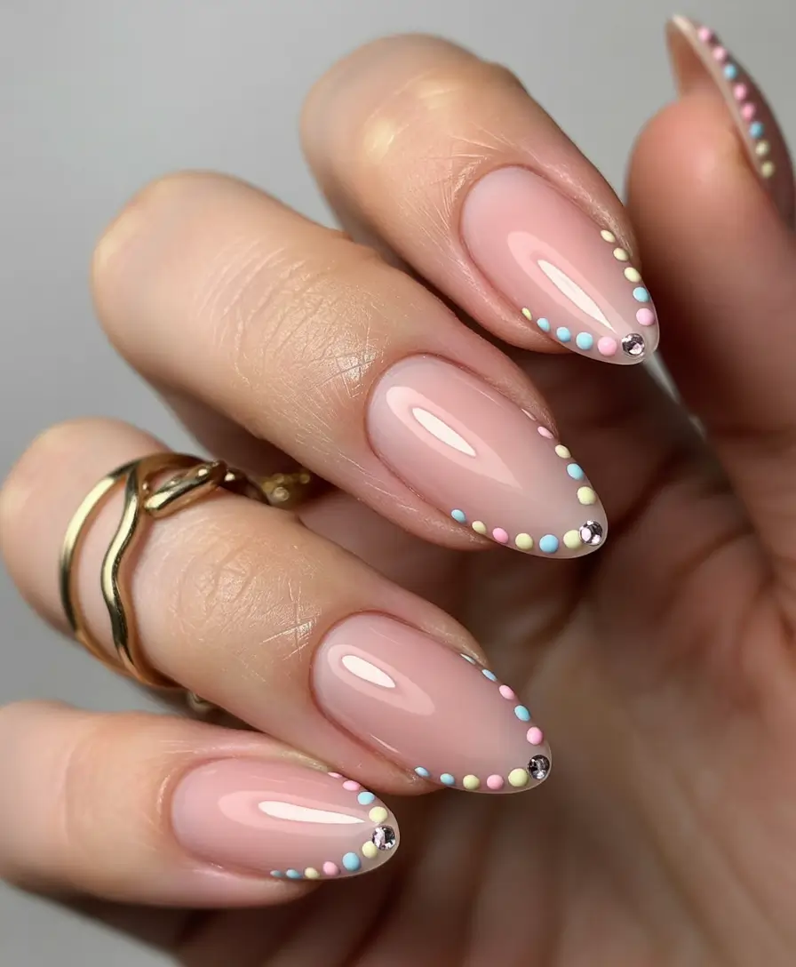 easter nails ideas 2026 Pastel Dot Border Almond Nails