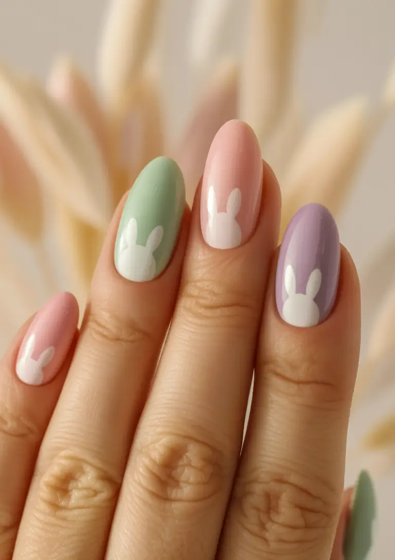 easter nails ideas 2026 Pastel Bunny Silhouette Spring Almond Nails