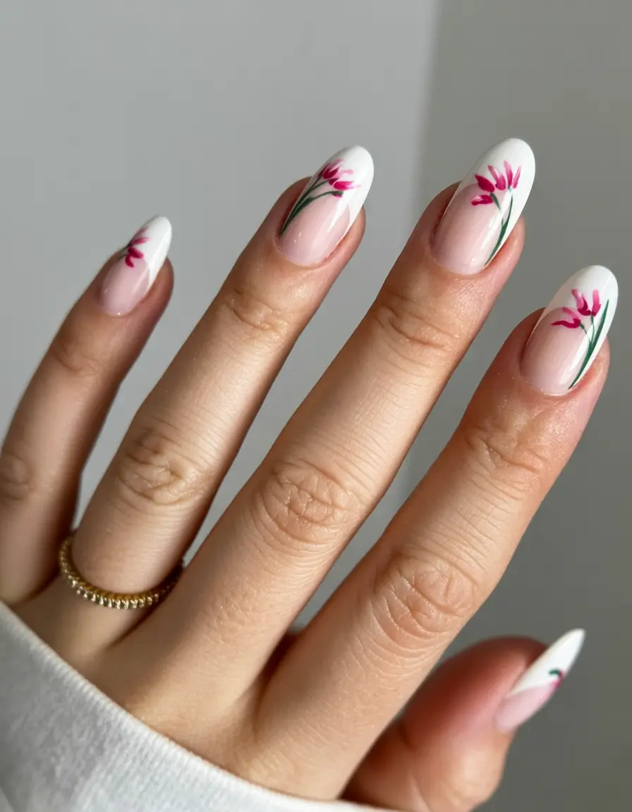 easter nails ideas 2026 Minimal Pink Spring French Floral Nails