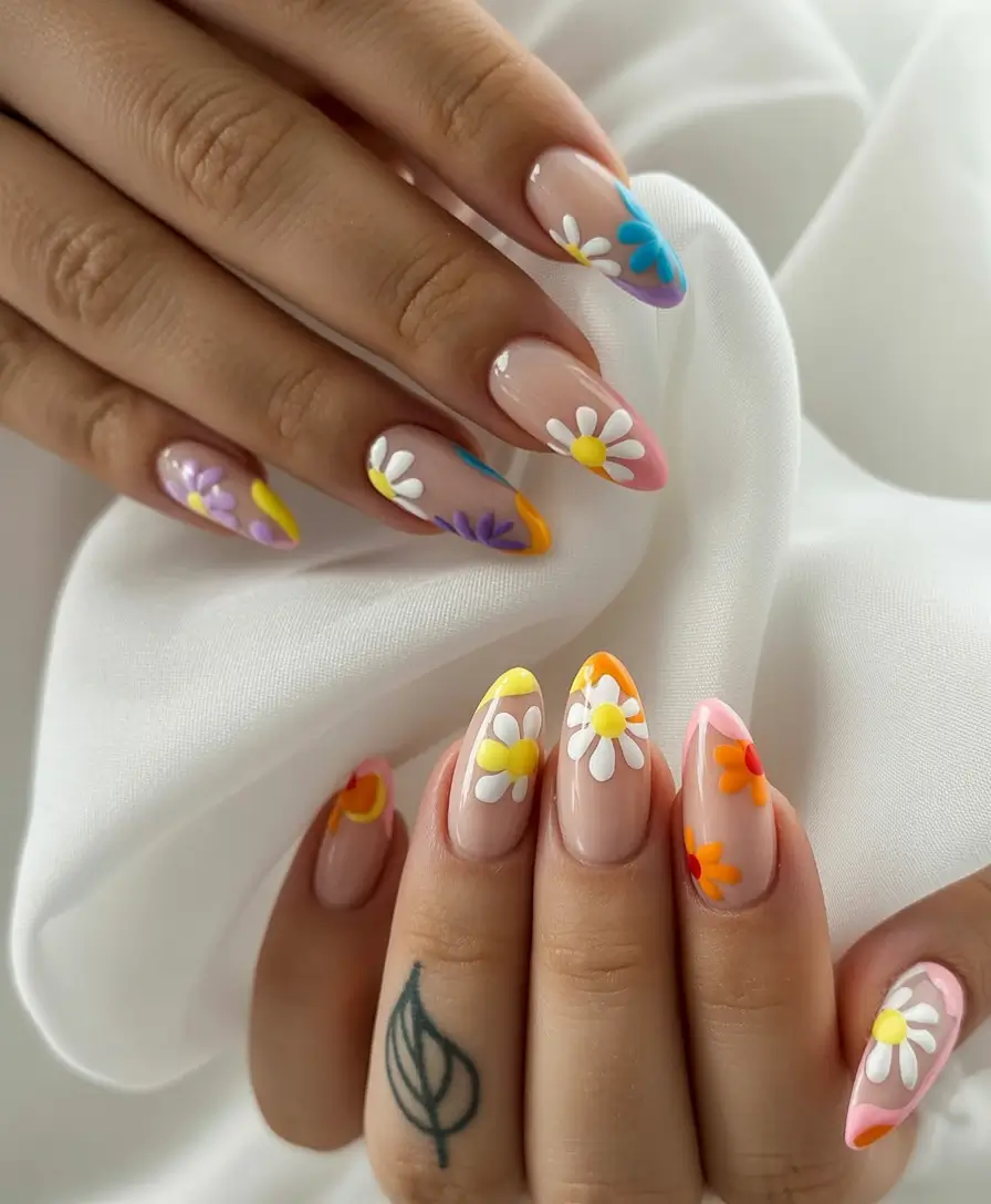 easter nails ideas 2026 Playful Pastel Daisy Almond Nails