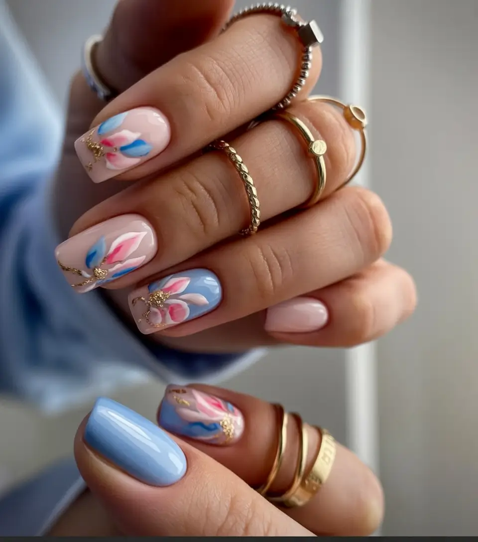 easter nails ideas 2026 Elegant Spring Floral Square Acrylic Nails