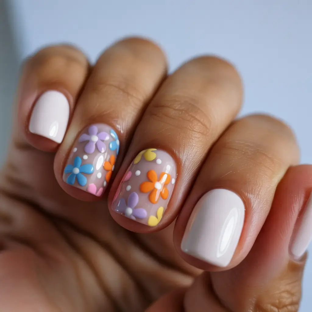 easter nails ideas 2026 Colorful Spring Daisy Short Nails