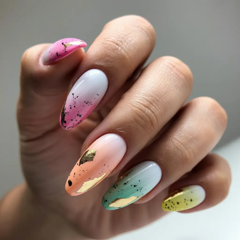 easter nails ideas 2026 Pastel Almond Gradient With Gold Foil
