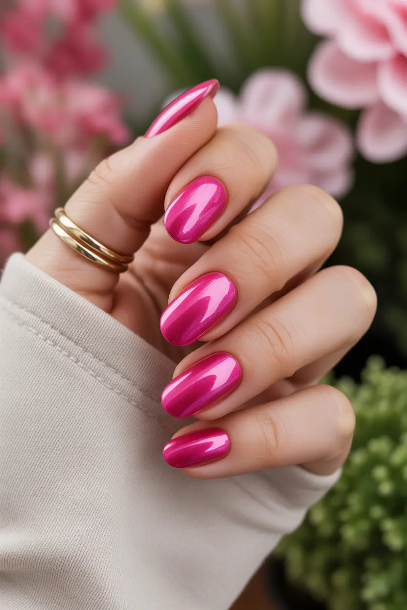 glam spring hot pink nails 2026 Glossy Mid Length Hot Pink Perfection