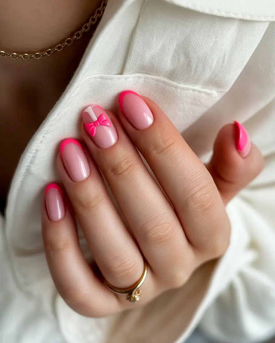 glam spring hot pink nails 2026 Hot Pink French with Bow Detail