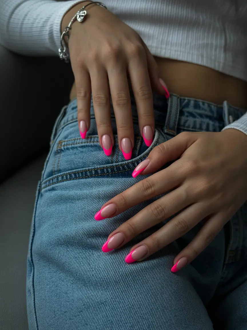 glam spring hot pink nails 2026 Long Almond Hot Pink French Edge