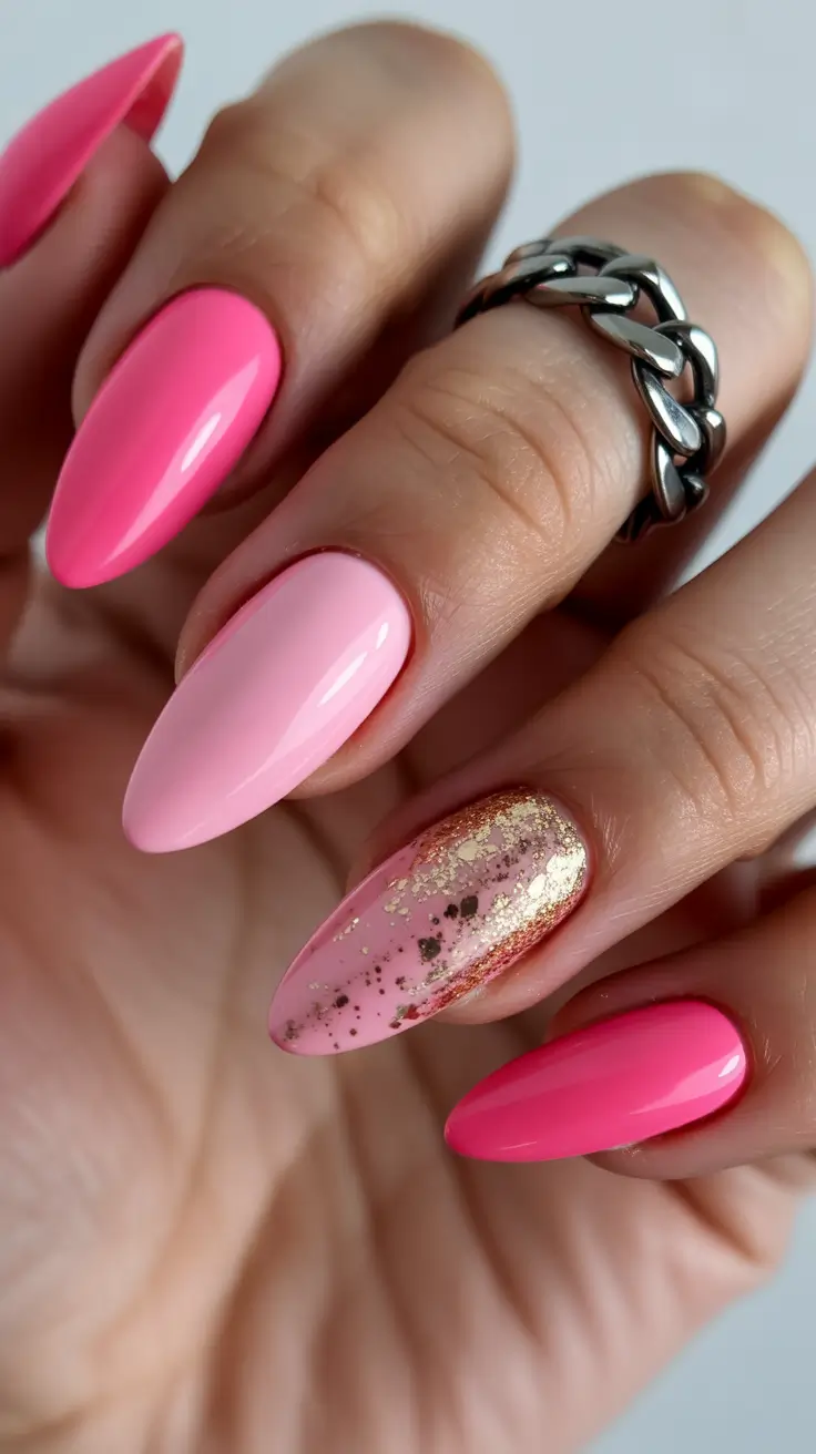 glam spring hot pink nails 2026 Gold Foil Accent on Glossy Hot Pink Almond