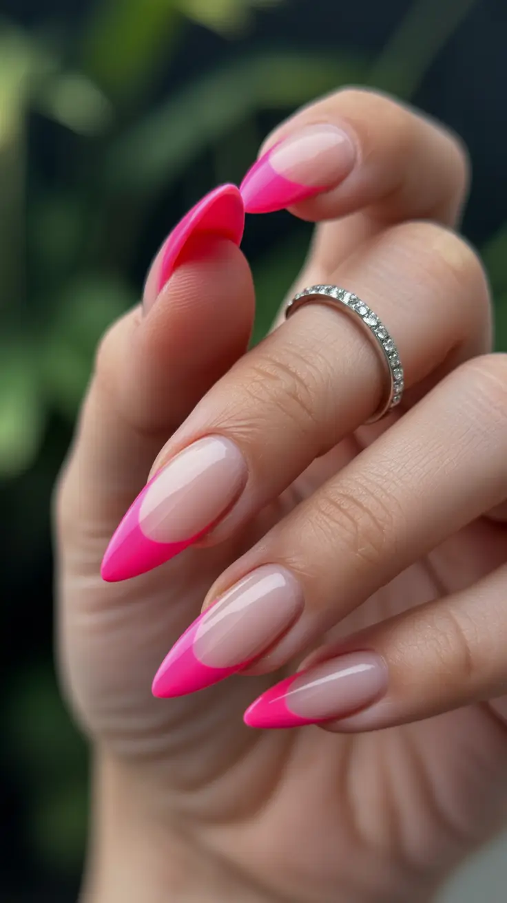 glam spring hot pink nails 2026 Sharp Almond Hot Pink French Fade