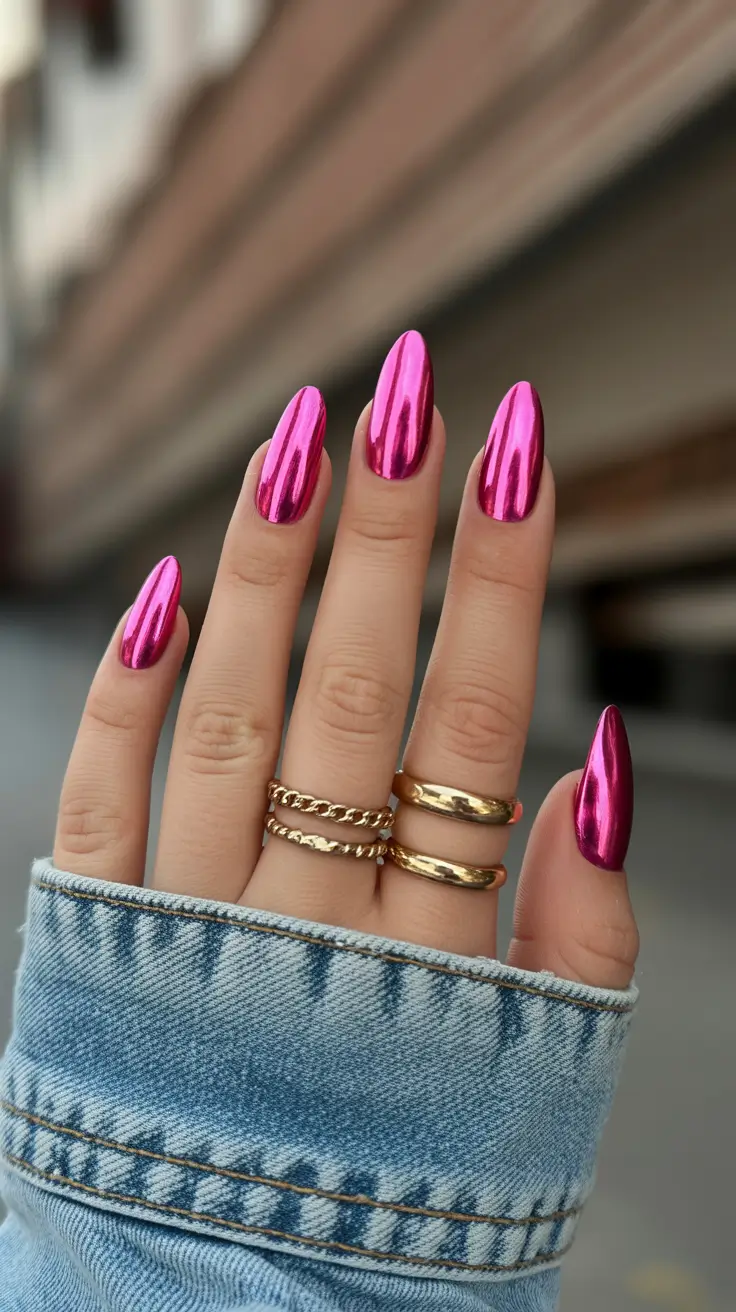 glam spring hot pink nails 2026 Metallic Hot Pink Chrome Impact