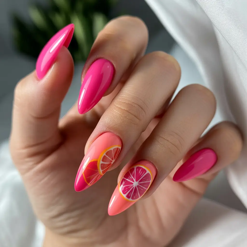 glam spring hot pink nails 2026 Coral Pink Citrus Art Design