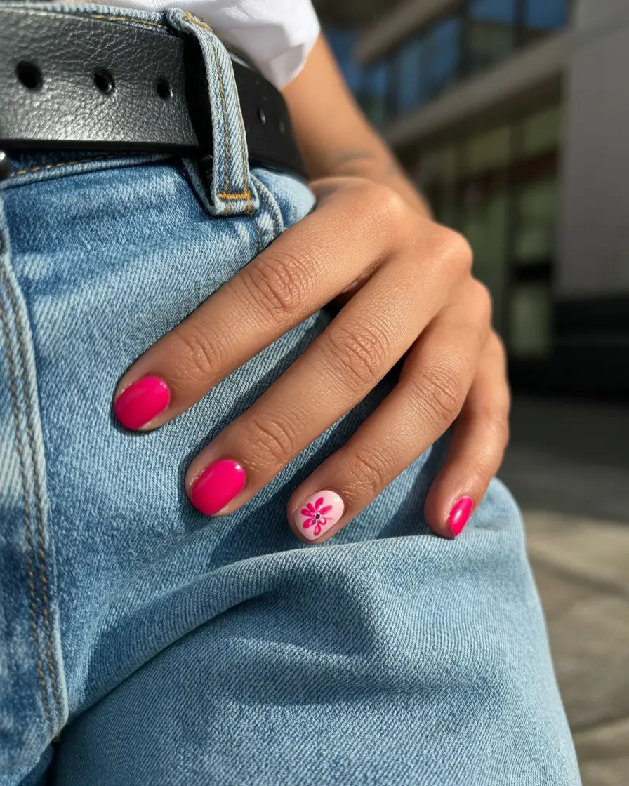 glam spring hot pink nails 2026 Short Hot Pink with Minimal Floral Accent
