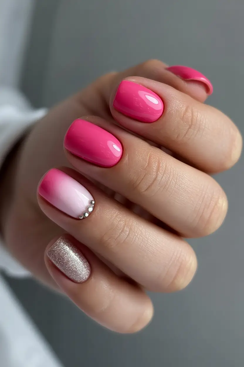 glam spring hot pink nails 2026 Glossy Pink with Ombre and Crystal Detail
