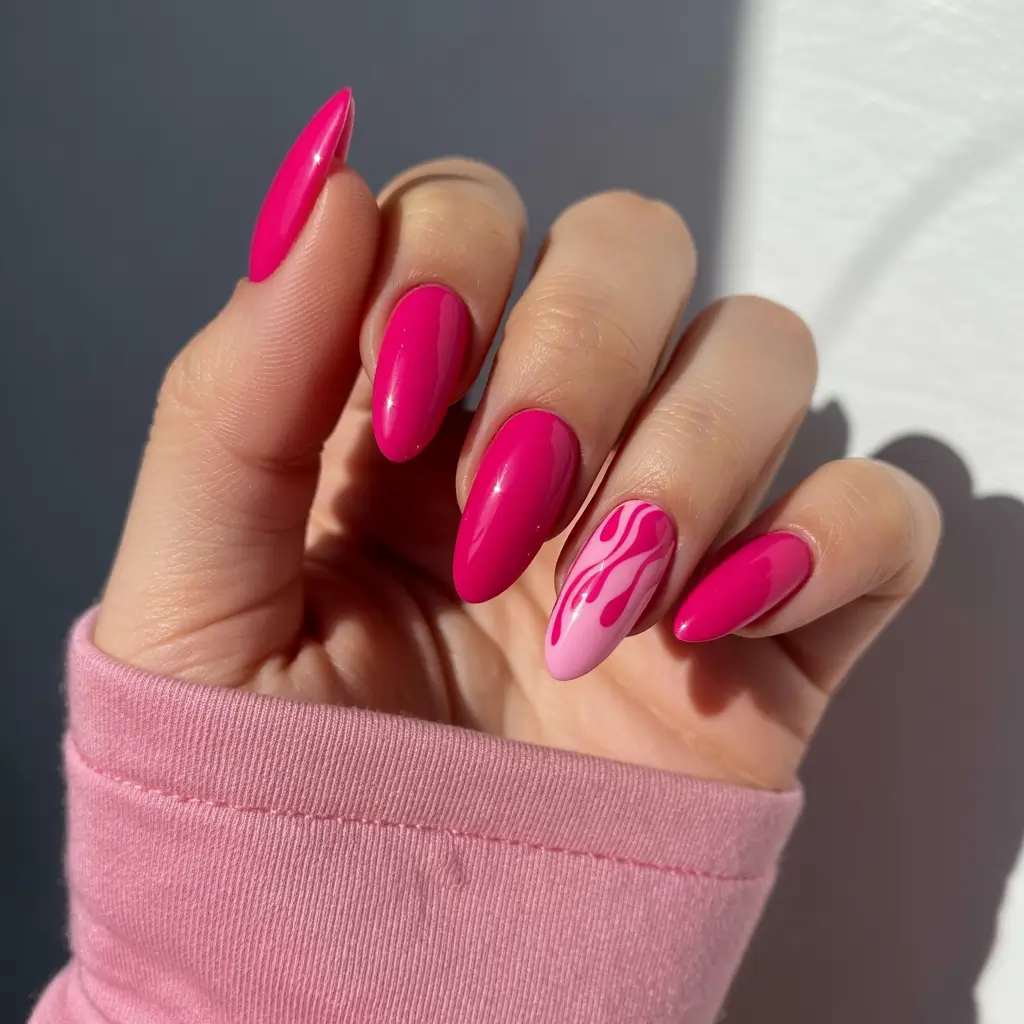 glam spring hot pink nails 2026 Bold Almond Hot Pink with Graphic Accent