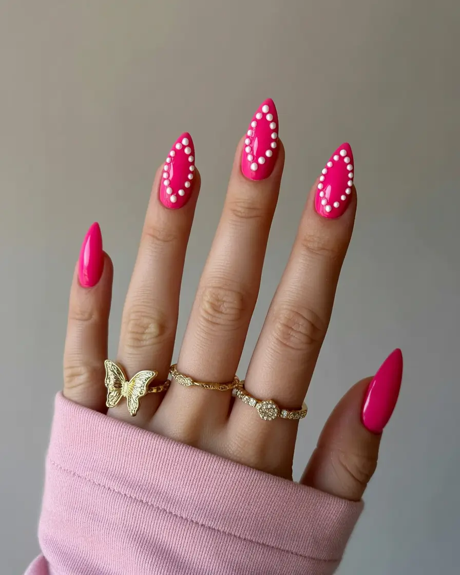 glam spring hot pink nails 2026 Hot Pink Glam with Pearl Detailing