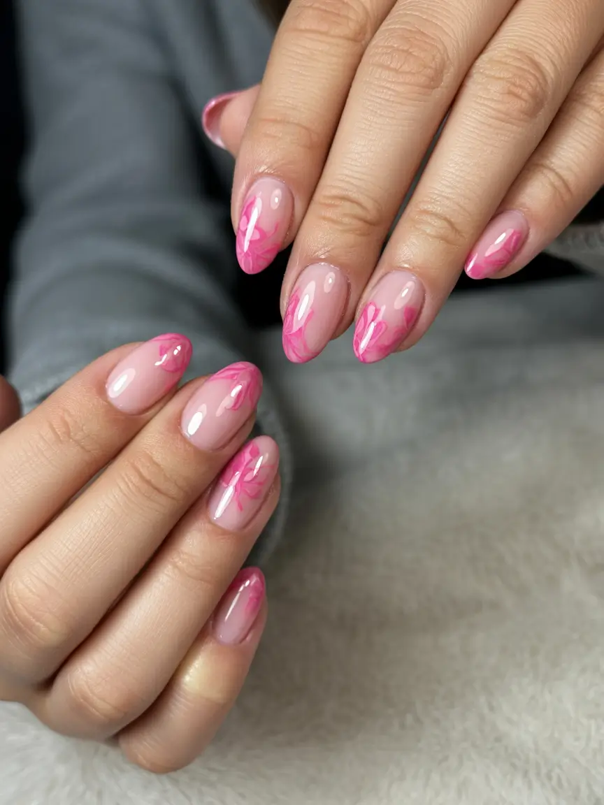 glam spring hot pink nails 2026 Milky Pink Sheer with Hot Pink Floral Accent