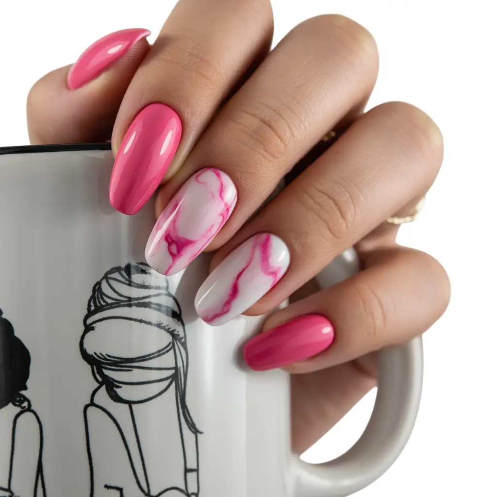 glam spring hot pink nails 2026 Hot Pink Marble Accent with Milky White Contrast