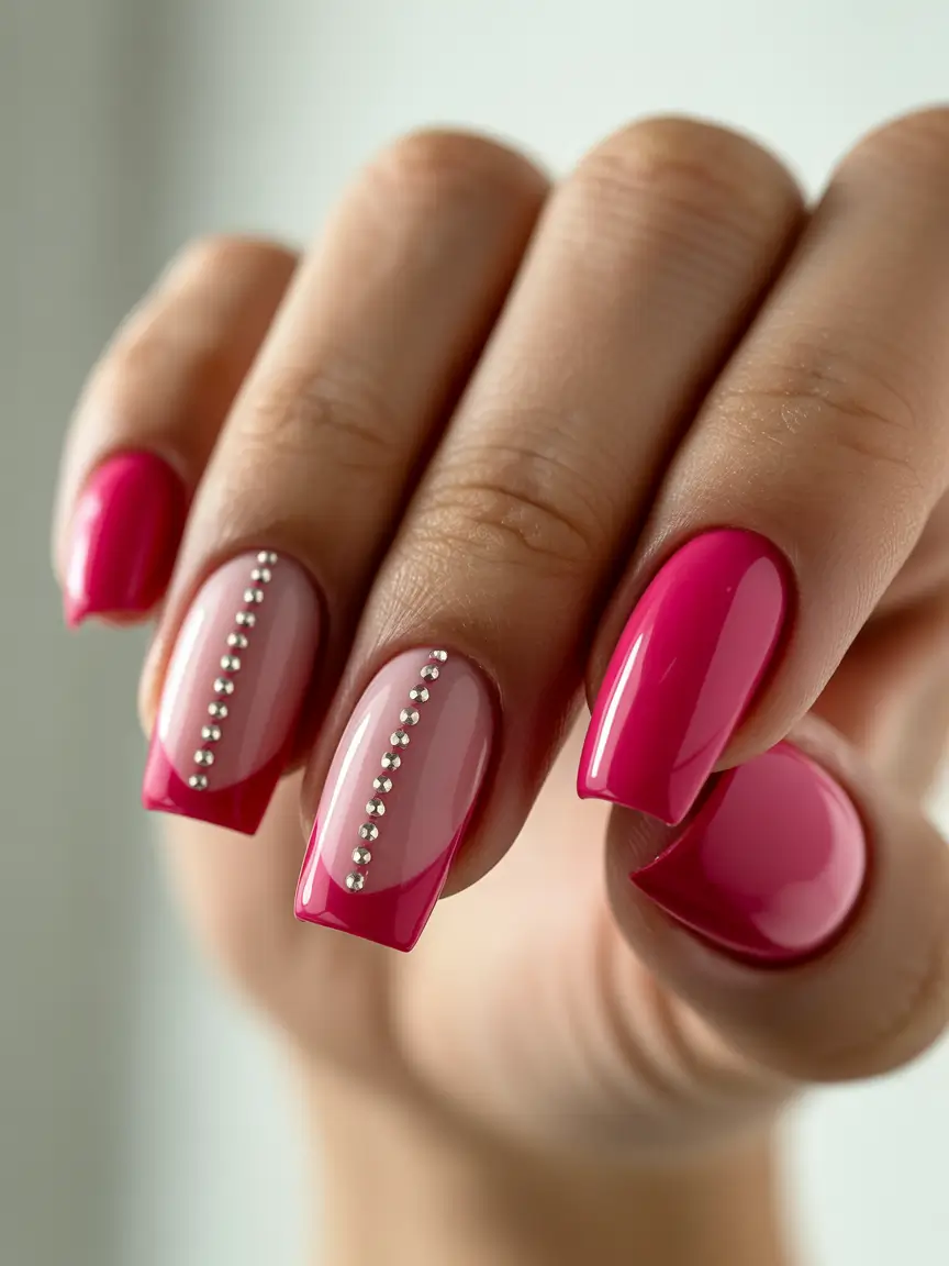 glam spring hot pink nails 2026 Square Gloss and Crystal Line Detail