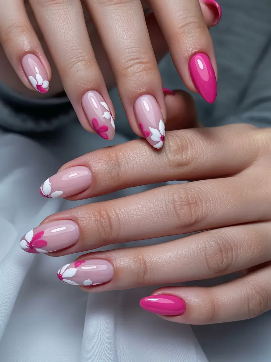 glam spring hot pink nails 2026 Romantic Pink Blossom Design