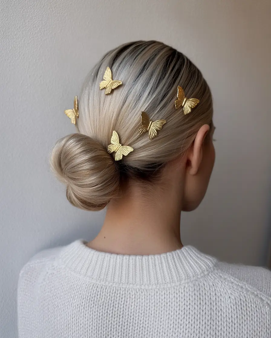 graduation hairstyles ideas 2026 Elegant low bun with golden butterfly accents