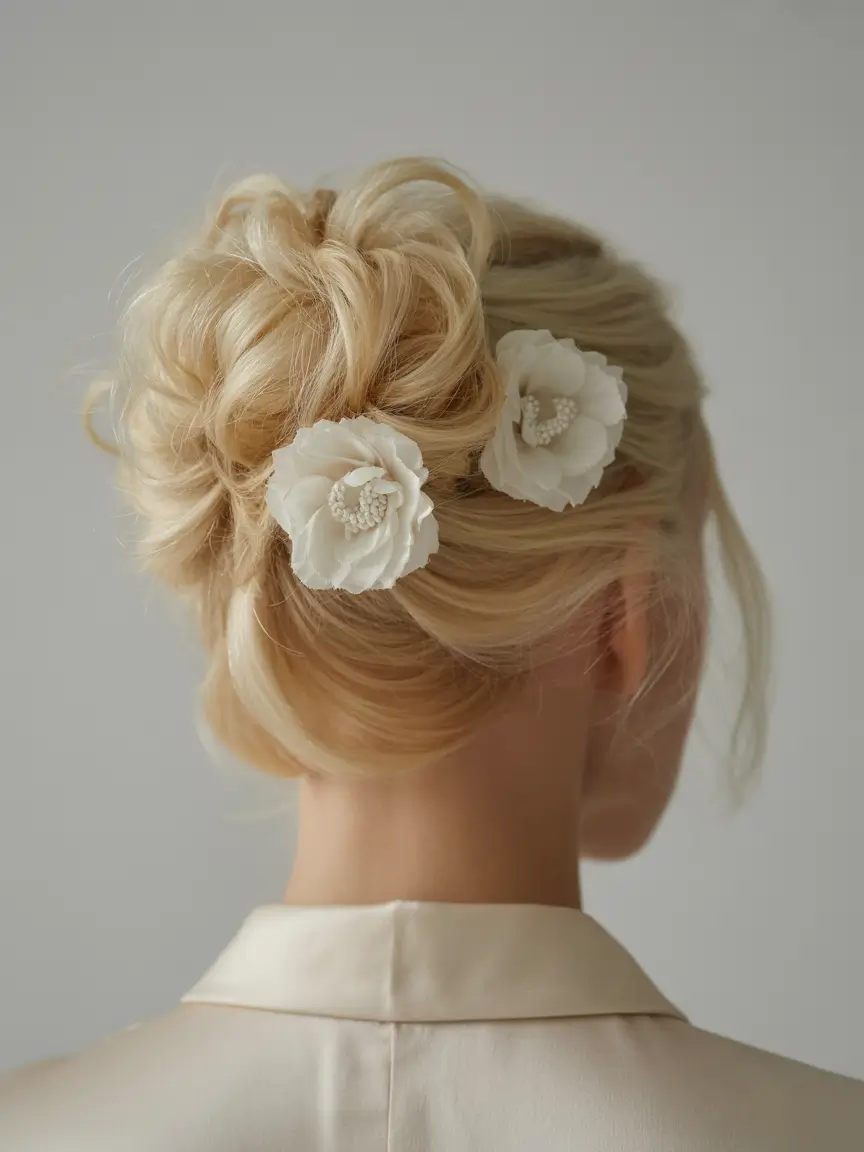graduation hairstyles ideas 2026 Romantic graduation bun with soft floral accents