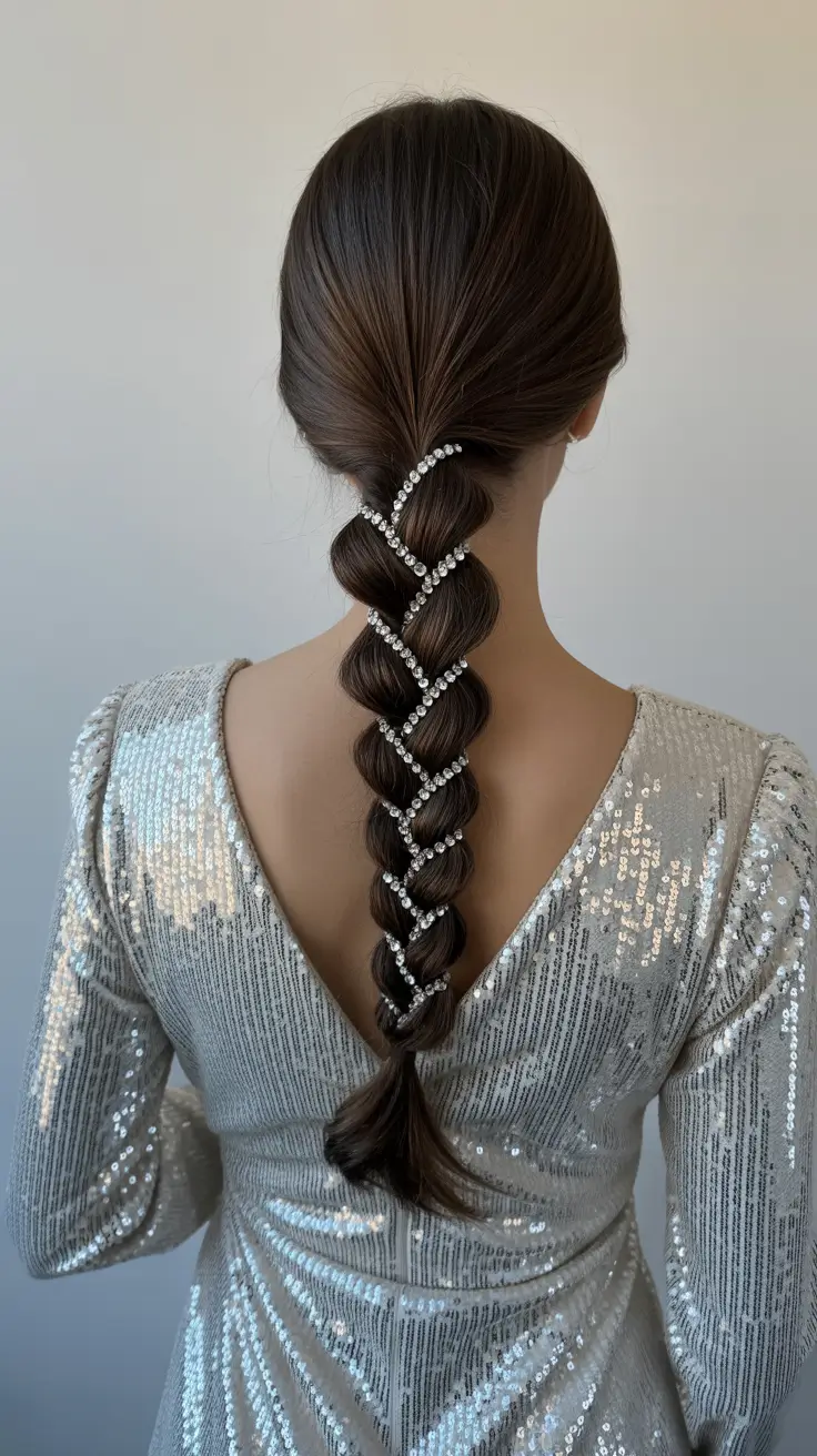graduation hairstyles ideas 2026 Elegant long graduation braid with crystal details