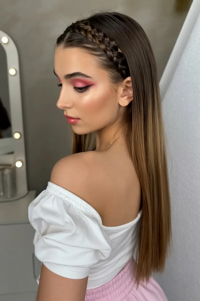 graduation hairstyles ideas 2026 Sleek straight hair with delicate side braids