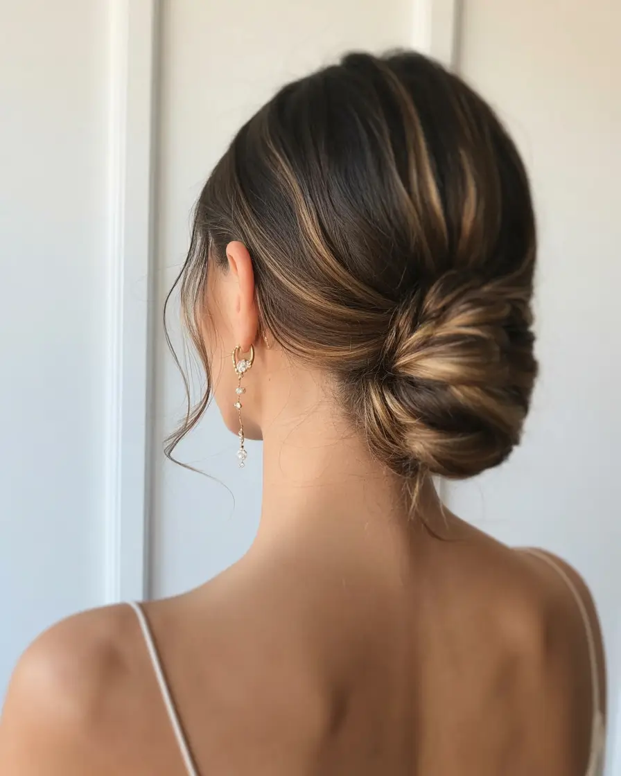 graduation hairstyles ideas 2026 Polished low graduation bun with soft highlights
