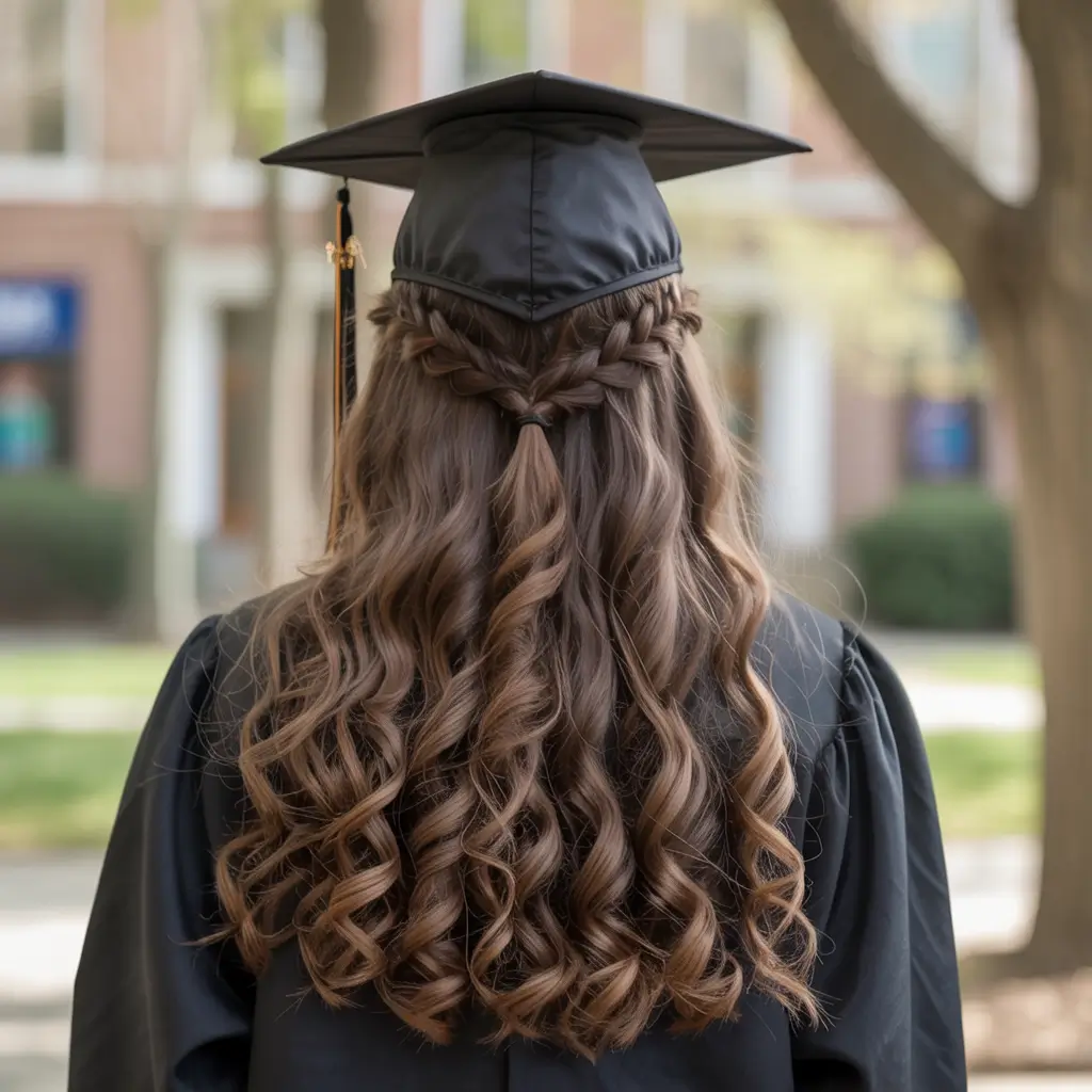 graduation hairstyles with cap ideas 2026 Soft Braided Crown with Long Curly Ends