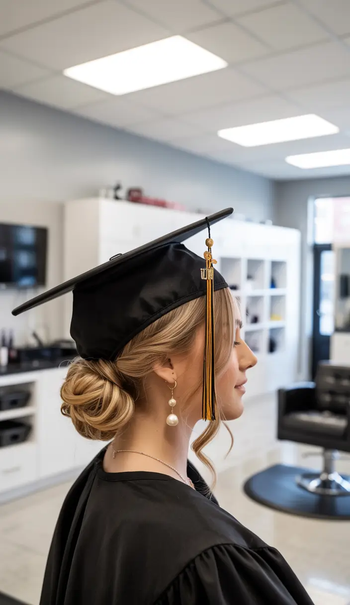 graduation hairstyles with cap ideas 2026 Soft Twisted Low Bun with Face Framing Pieces