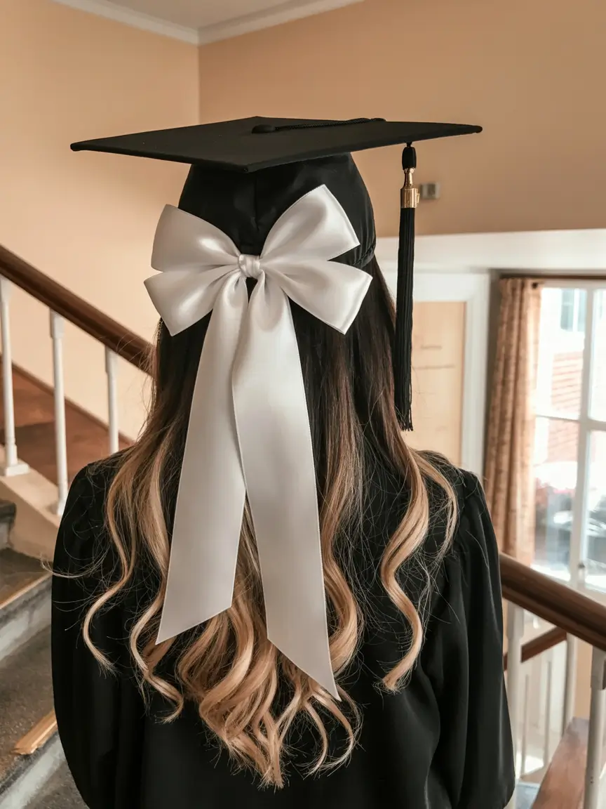 graduation hairstyles with cap ideas 2026 Long Graduation Waves with Statement Ribbon Bow