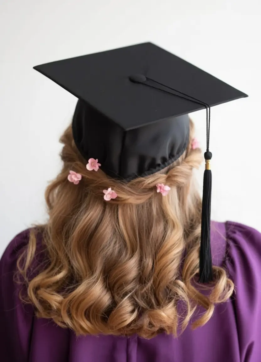 graduation hairstyles with cap ideas 2026 Soft Braided Crown with Floral Details