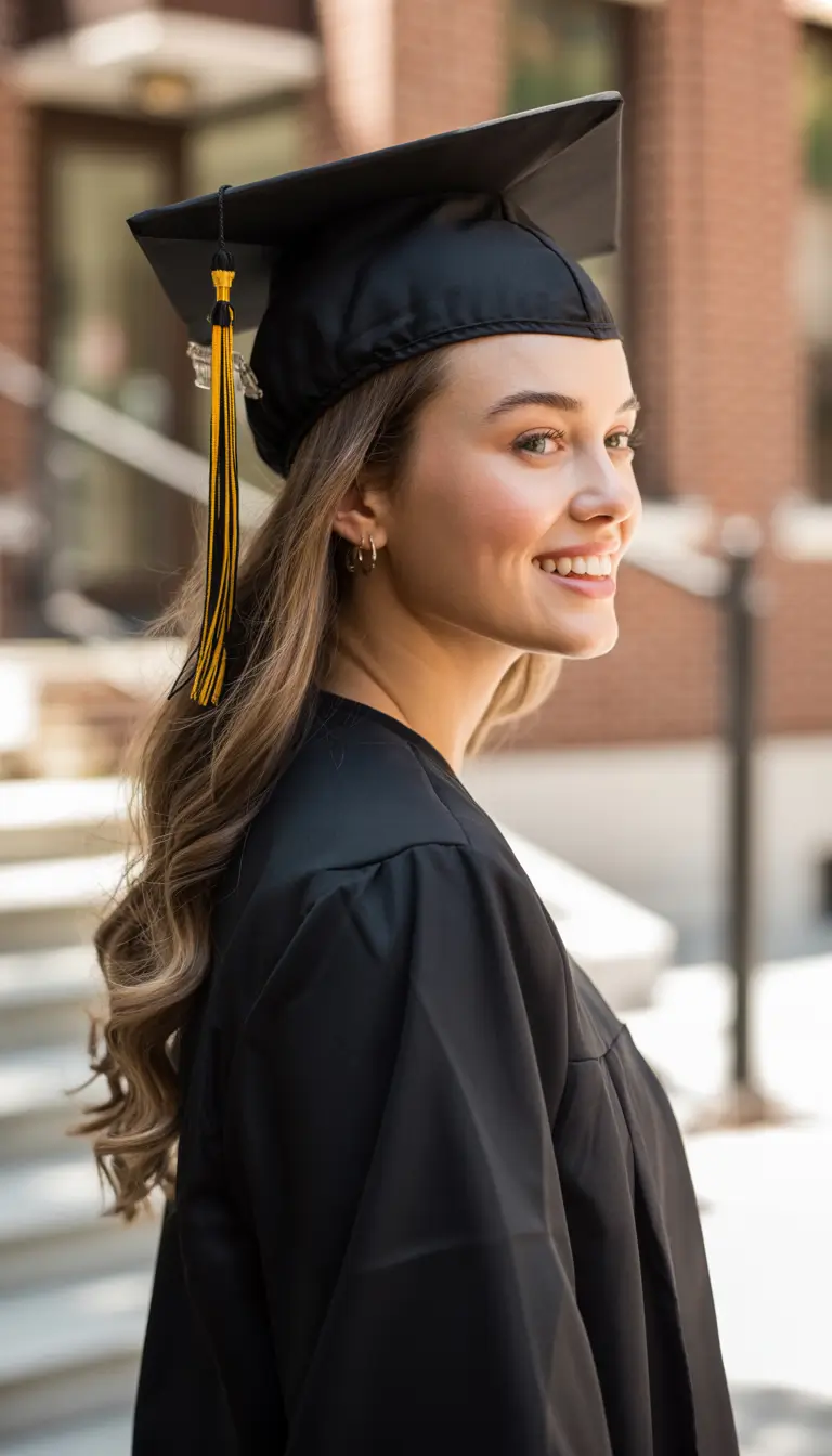 graduation hairstyles with cap ideas 2026 Classic Soft Waves with Natural Side Part