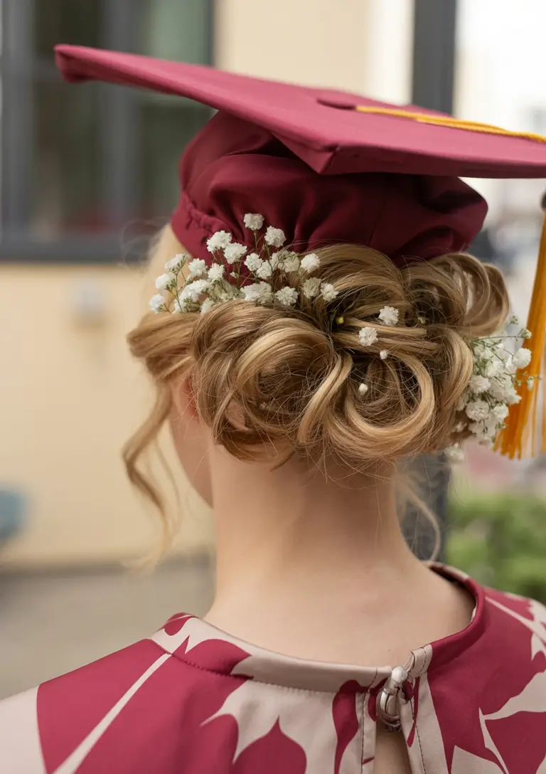 graduation hairstyles with cap ideas 2026 Romantic Floral Low Bun for Graduation Day