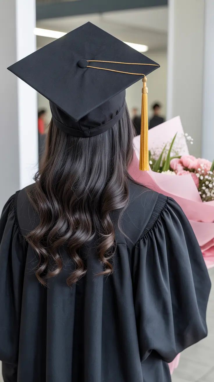 graduation hairstyles with cap ideas 2026 Classic Long Graduation Curls with Soft Shine