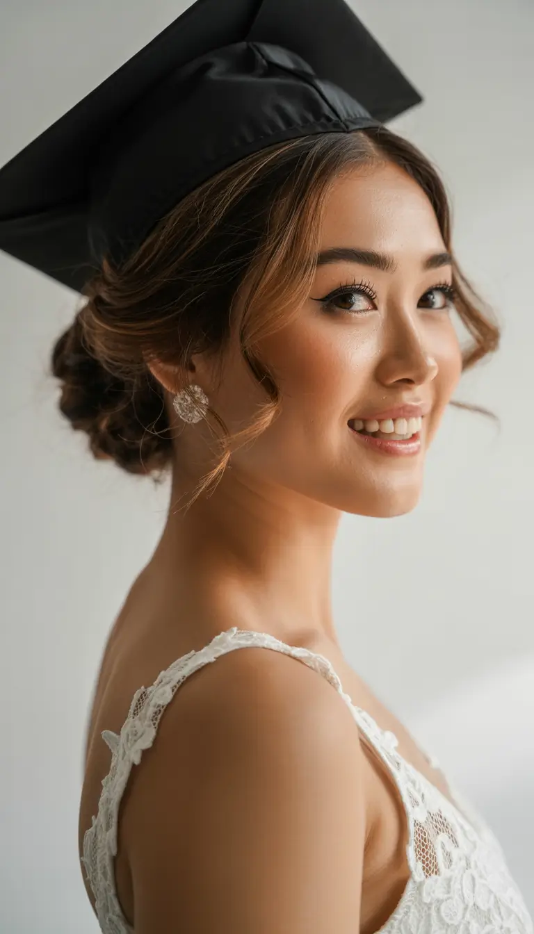 graduation hairstyles with cap ideas 2026 Elegant Graduation Updo with Soft Face Framing Pieces