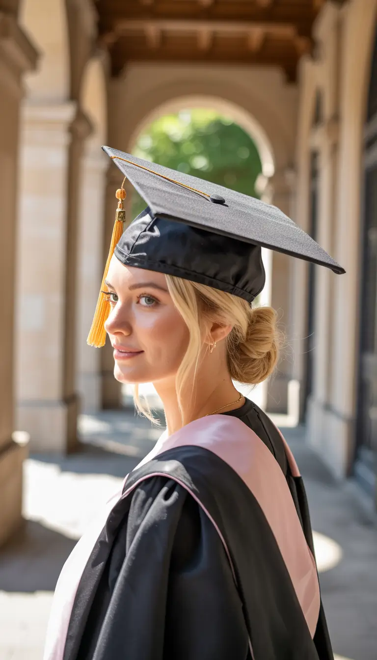 graduation hairstyles with cap ideas 2026 Classic Graduation Low Bun with Soft Face Framing Strands