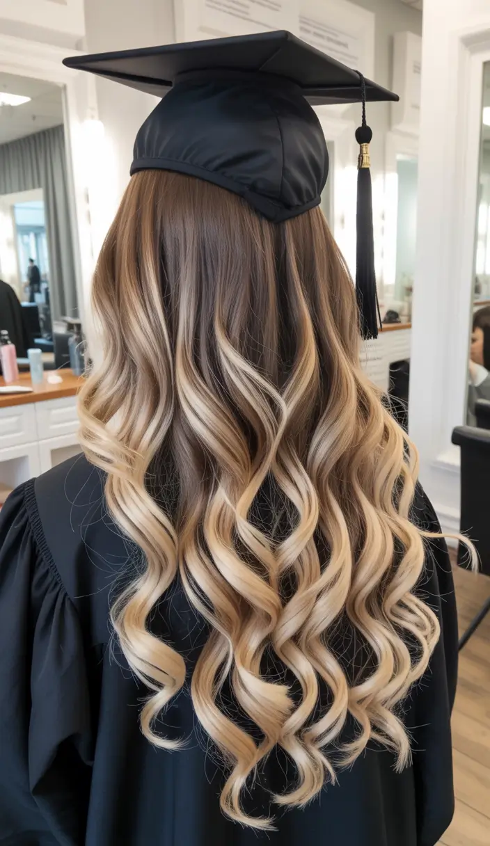 graduation hairstyles with cap ideas 2026 Long Soft Hollywood Curls for Graduation Day