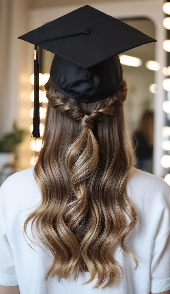 graduation hairstyles with cap ideas 2026 Romantic Half Up Twist with Soft Graduation Waves
