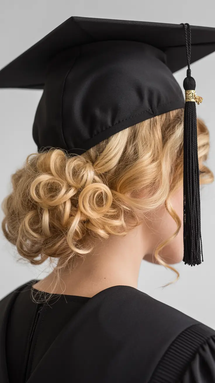 graduation hairstyles with cap ideas 2026 Elegant Curly Low Bun Graduation Style
