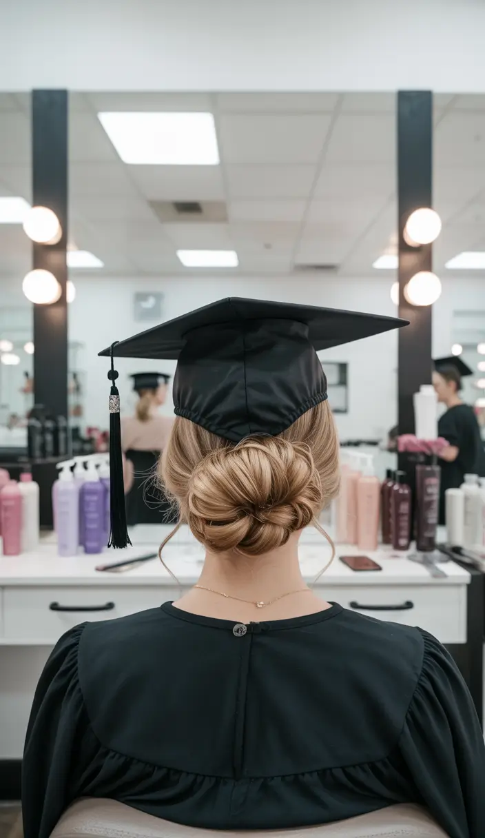 graduation hairstyles with cap ideas 2026 Classic Sleek Low Bun for Graduation Ceremony