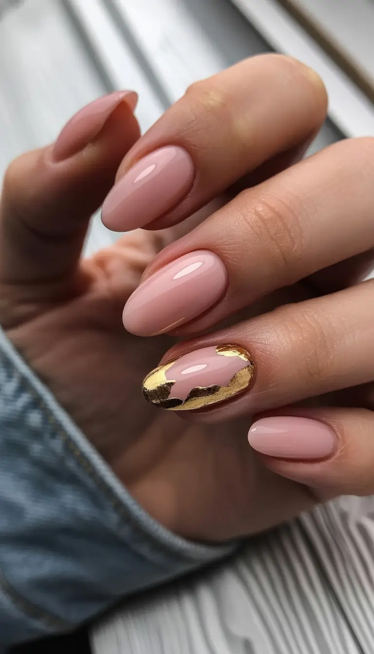 graduation nail color ideas 2026 Soft blush nails with liquid gold accent