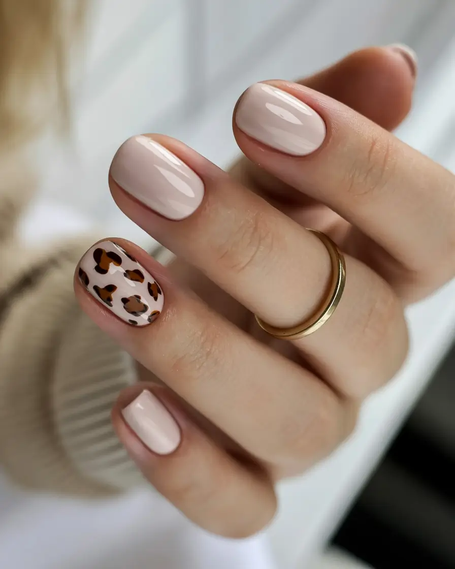 graduation nail color ideas 2026 Minimal beige manicure with playful leopard accent