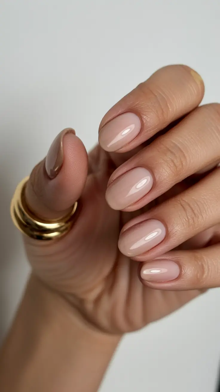graduation nail color ideas 2026 Glossy neutral almond manicure for timeless elegance