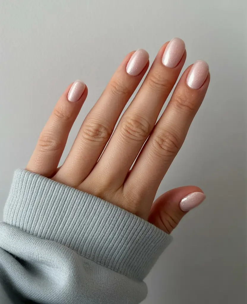 graduation nail color ideas 2026 Soft pink shimmer manicure with delicate glow