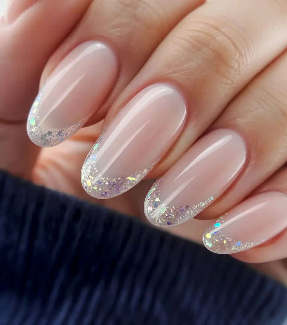 graduation nail color ideas 2026 Sheer pink nails with delicate glitter tips