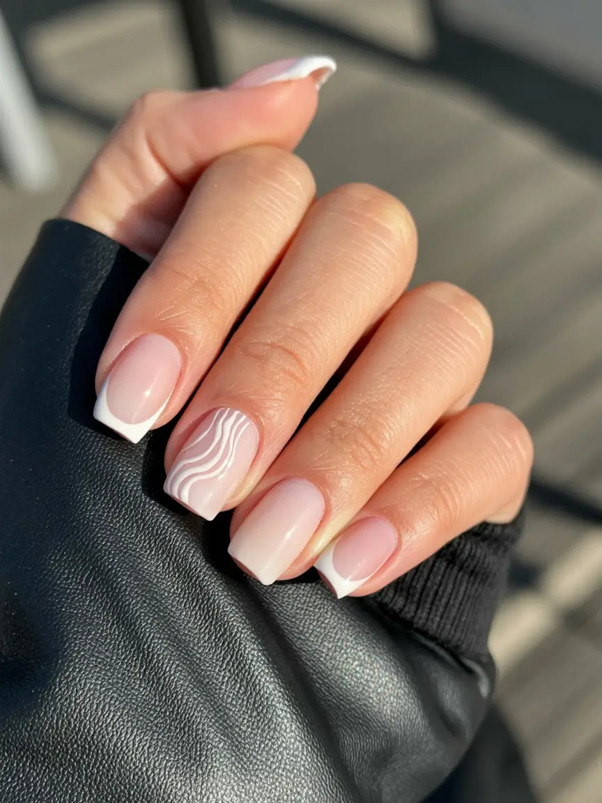 graduation nail color ideas 2026 Classic short French manicure with delicate swirl accent